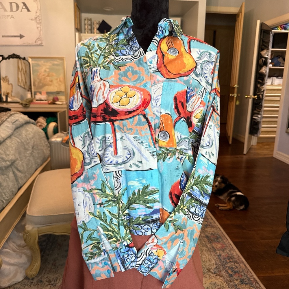 Promod Turquoise Tropical Print Button-Down Shirt